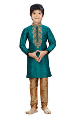 Boys Green Art Dupion Silk Neck Embroidered Kurta Pyjama Set