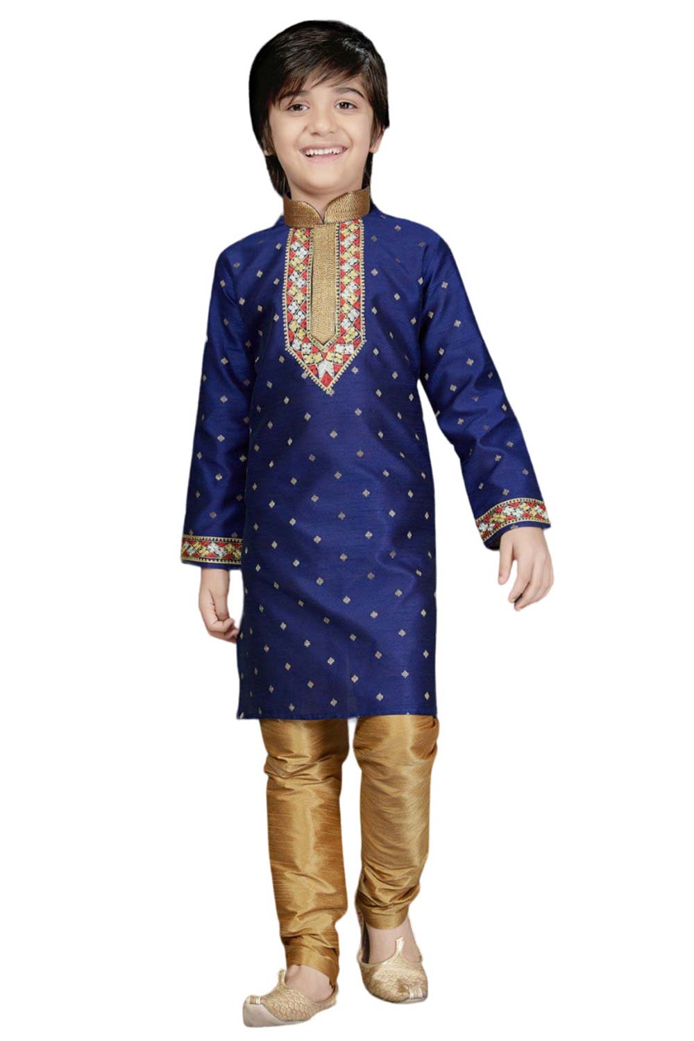 Boys Blue Art Dupion Silk Neck Embroidered And Printed Kurta Pyjama Set