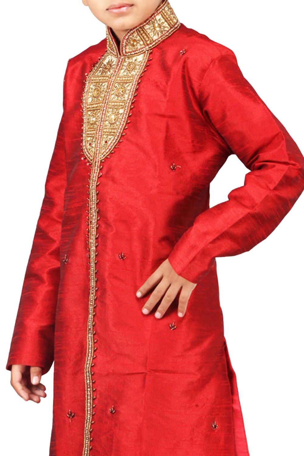 Boys Red Art Dupion Silk Embroidered Emblished Sherwani Set