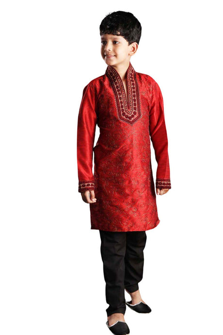 Boys Red Art Dupion Silk Resham Thread Embroidered Kurta Pyjama Set