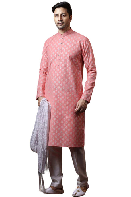 Buy Pink Art Dupion Silk Embroidered Kurta Pajama Set Online - Karmaplace