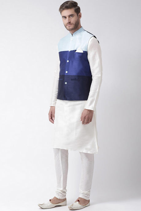 Buy Men's Art Silk  Solid Kurta Set in White
Jacket Color: Multi Color Online - Back