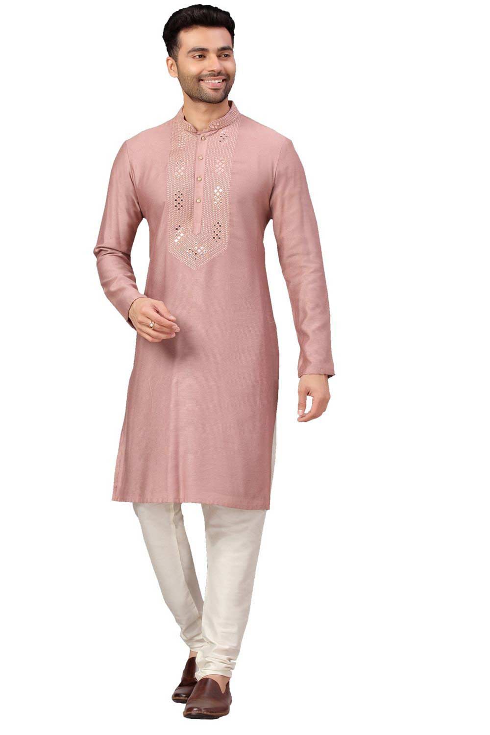 Buy Pink Art Dupion Silk Embroidered Kurta Pajama Set Online - Karmaplace