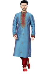 Buy Blue Art Dupion Silk Embroidered Kurta Pajama Set Online - Karmaplace