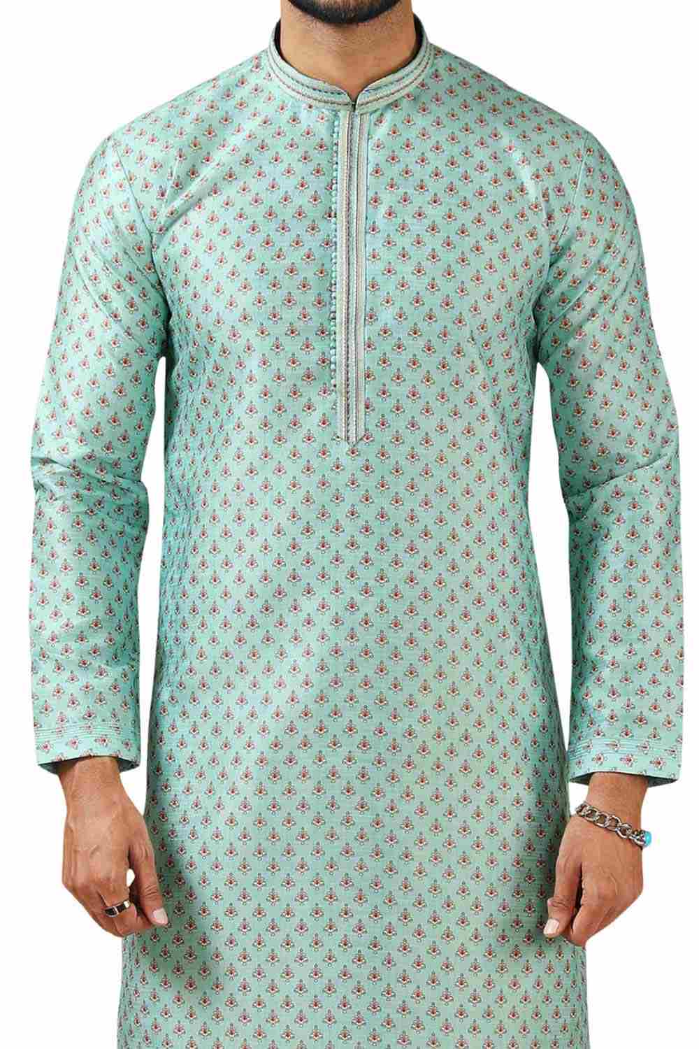 Buy Green Art Dupion Silk Embroidered Kurta Pajama Set Online - Karmaplace