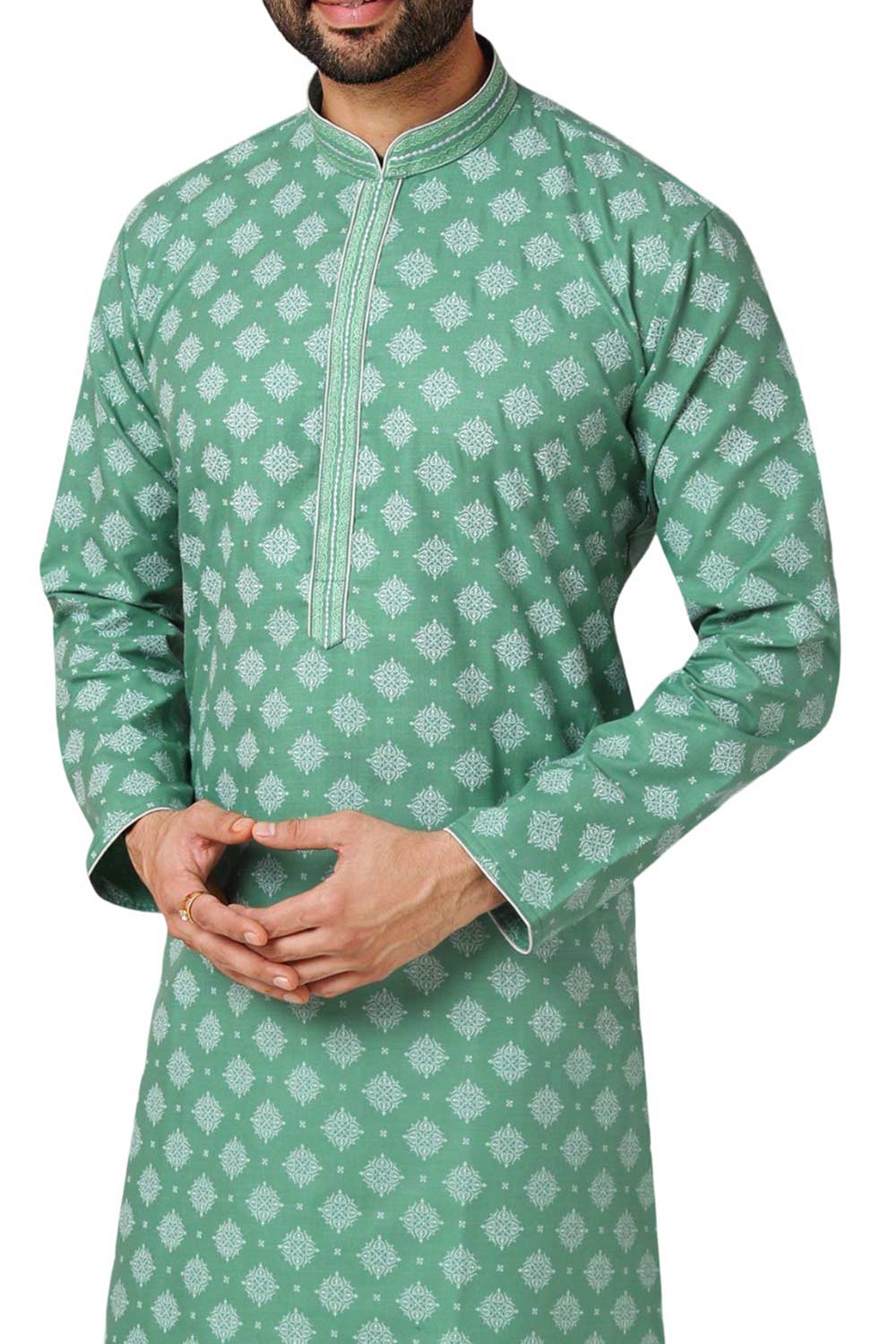 Buy Green Art Dupion Silk Embroidered Kurta Pajama Set Online - Karmaplace