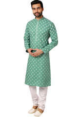 Buy Green Art Dupion Silk Embroidered Kurta Pajama Set Online - Karmaplace