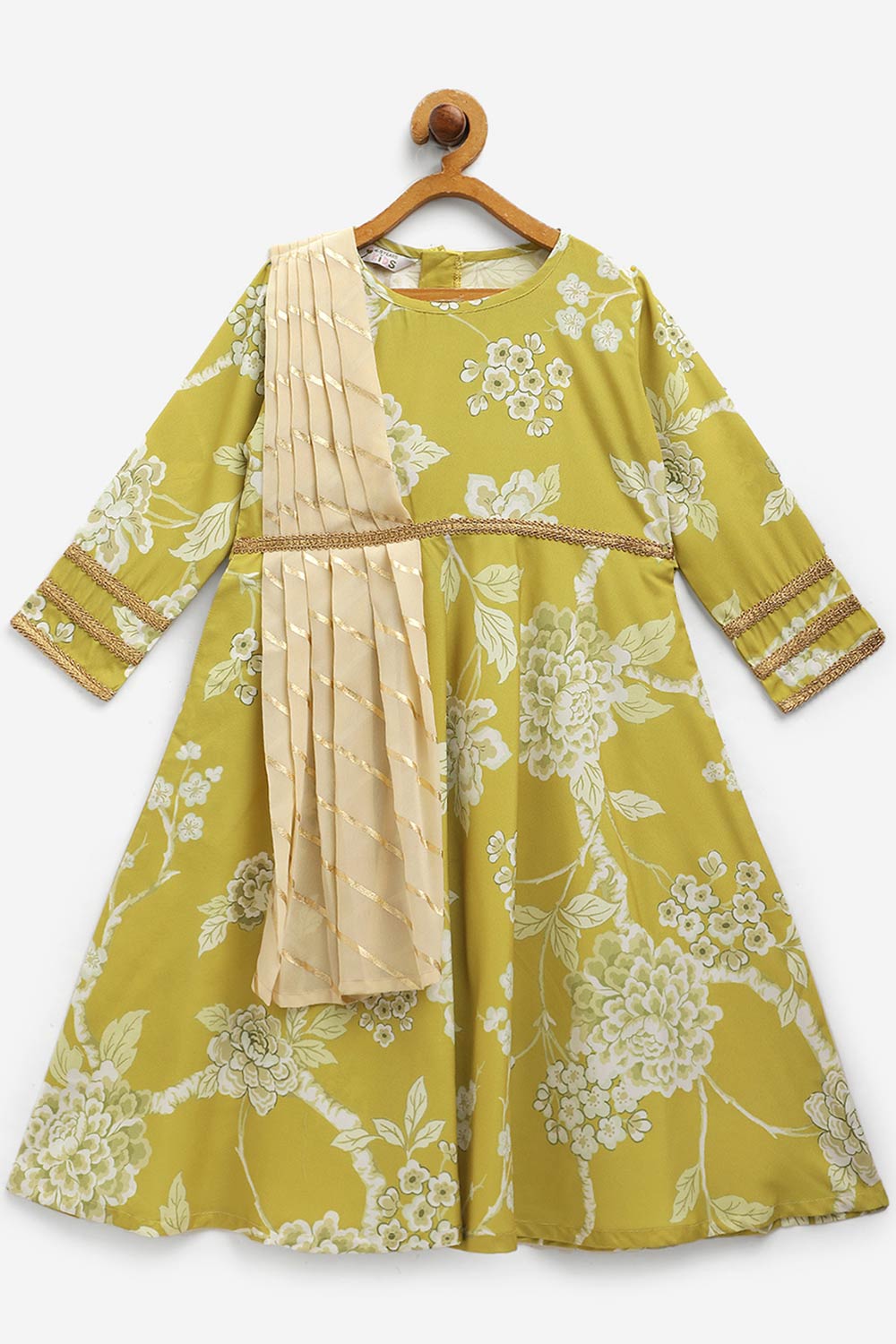 Girls Lemon Yellow Crepe Digital Print Kids Kurta With Dupatta Set