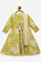 Girls Lemon Yellow Crepe Digital Print Kids Kurta With Dupatta Set