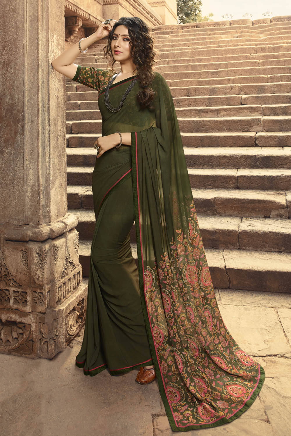 Faux Georgette Printed Saree In Dark Green