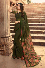 Faux Georgette Printed Saree In Dark Green