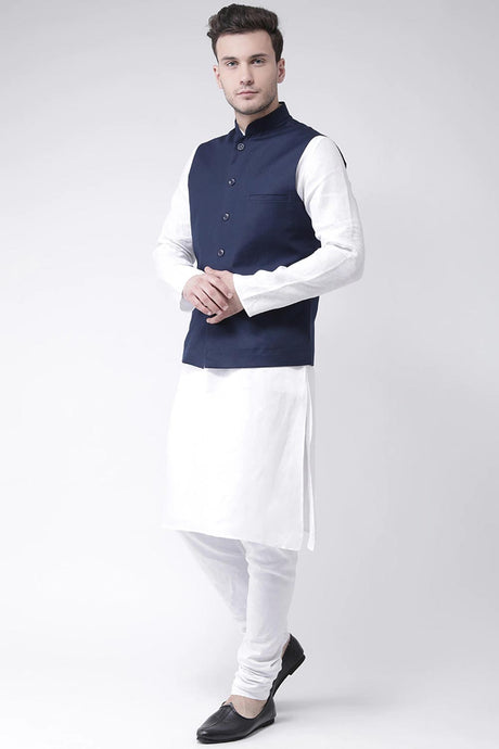 Buy Men's Suiting fabric  Solid Kurta Set in Navy Blue
Jacket Color: Nay Blue Online - Back