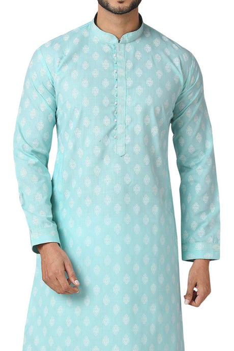 Buy Turquoise Art Dupion Silk Embroidered Kurta Pajama Set Online - Karmaplace