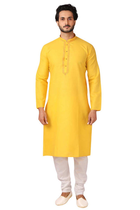 Buy Yellow Cotton Embroidered Kurta Pajama Set Online - Karmaplace