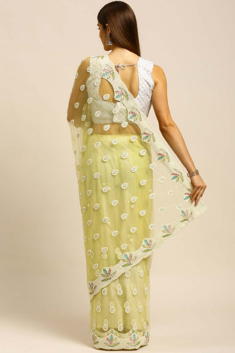 Net Embroidered Saree In Lemon