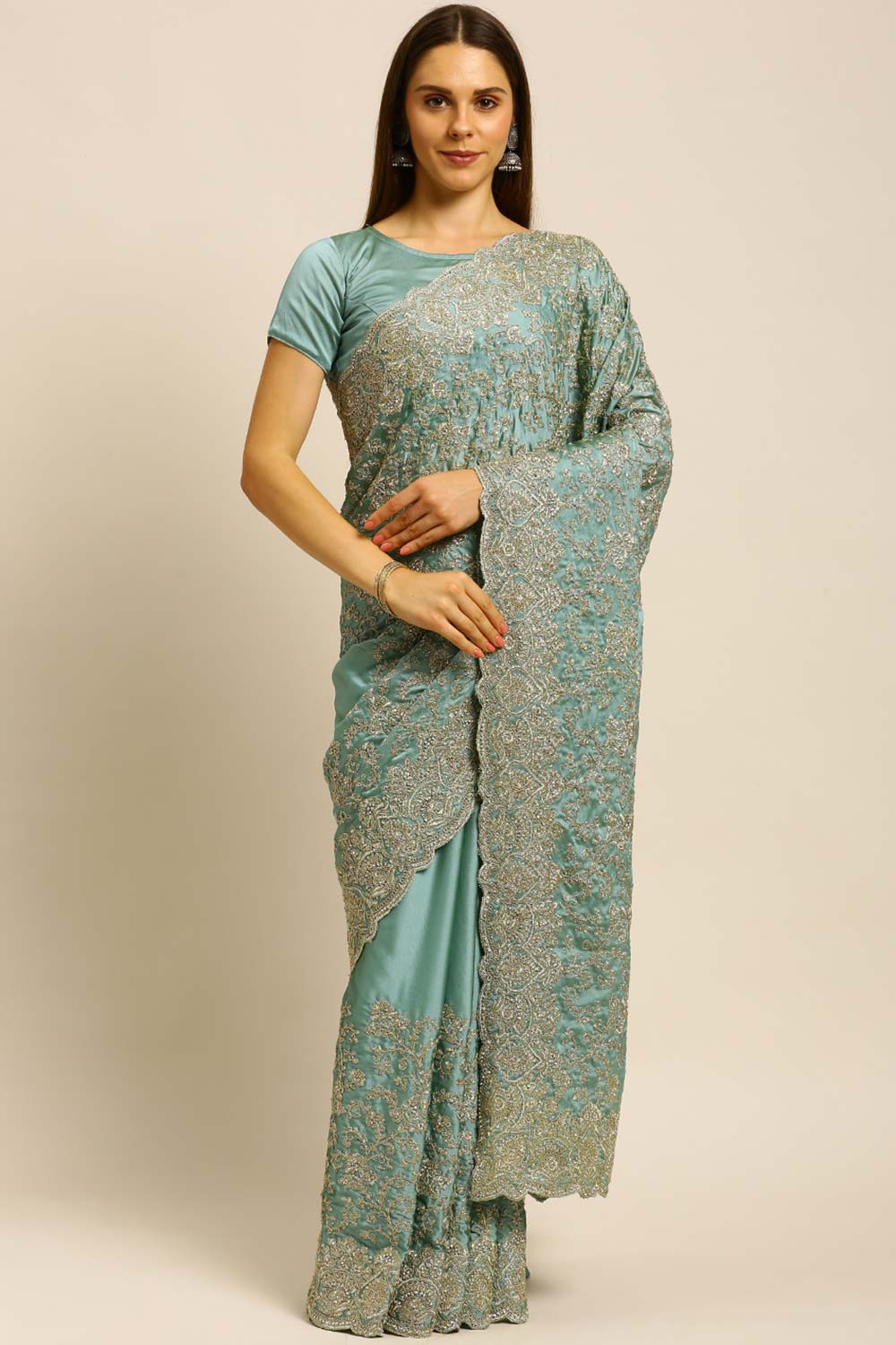 Silk Embroidered Saree In Sky Blue