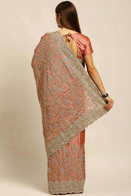 Silk Embroidered Saree In Peach