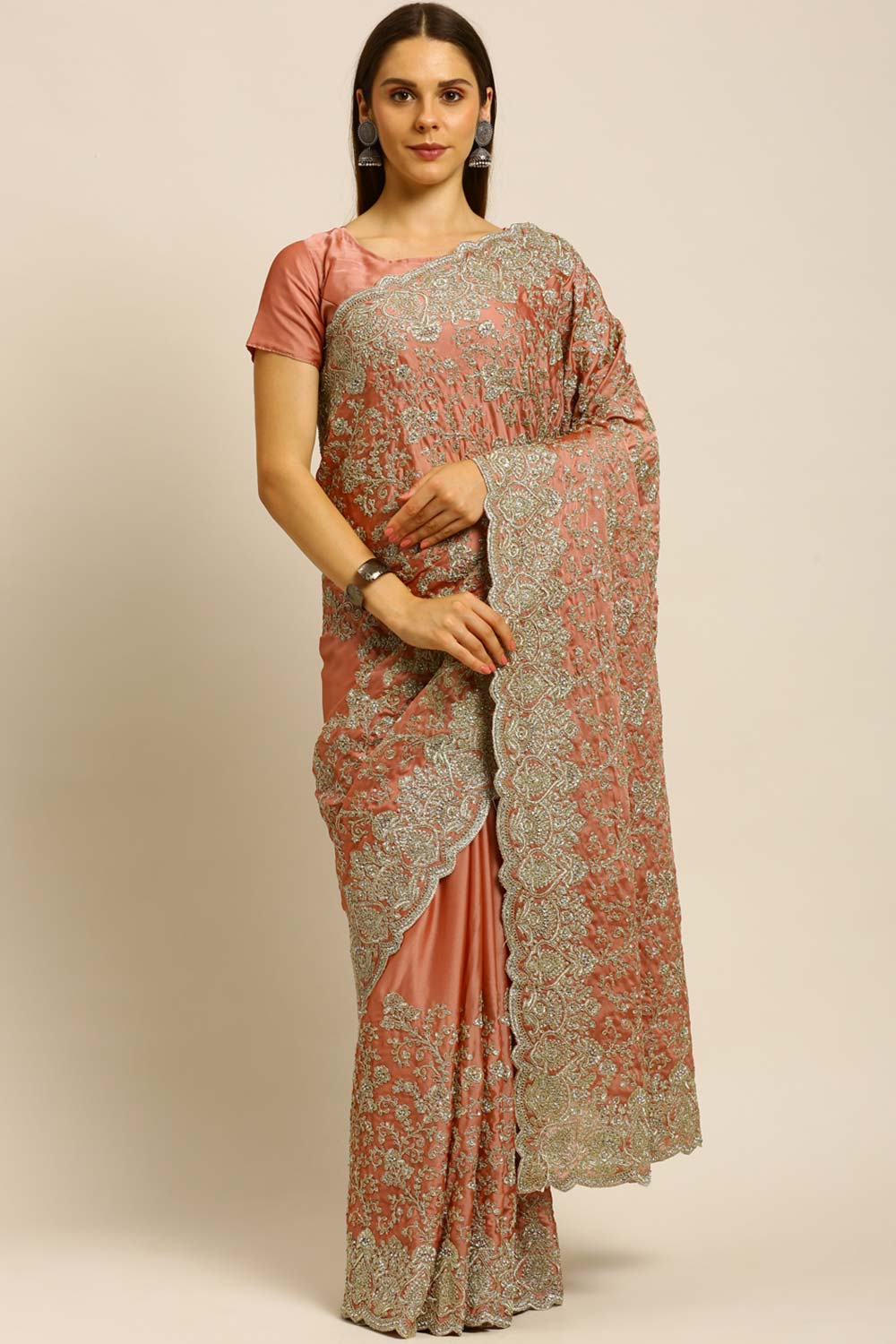 Silk Embroidered Saree In Peach