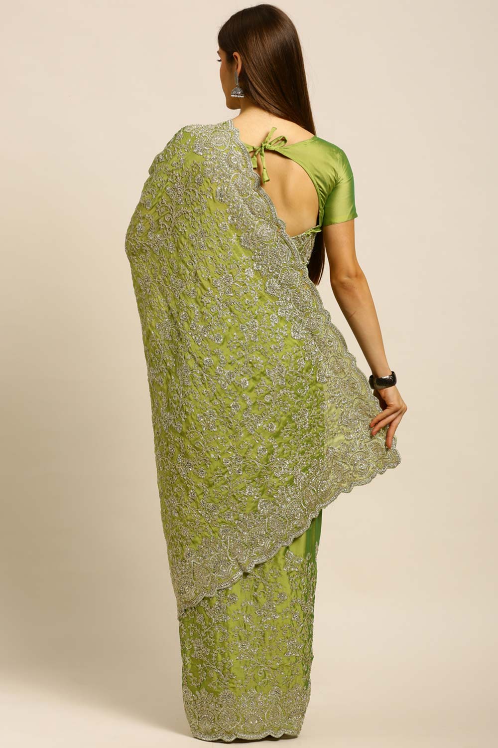 Silk Embroidered Saree In Green