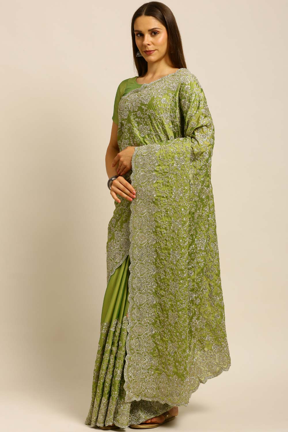 Silk Embroidered Saree In Green