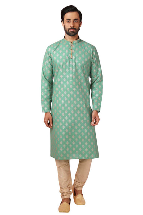 Buy Turquoise Art Dupion Silk Embroidered Kurta Pajama Set Online - Karmaplace