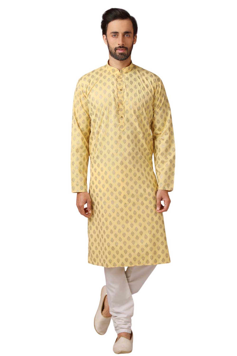 Buy Yellow Art Dupion Silk Embroidered Kurta Pajama Set Online - Karmaplace