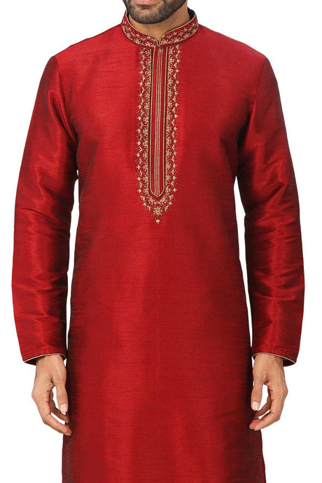 Buy Red Art Dupion Silk Embroidered Kurta Pajama Set Online - Karmaplace