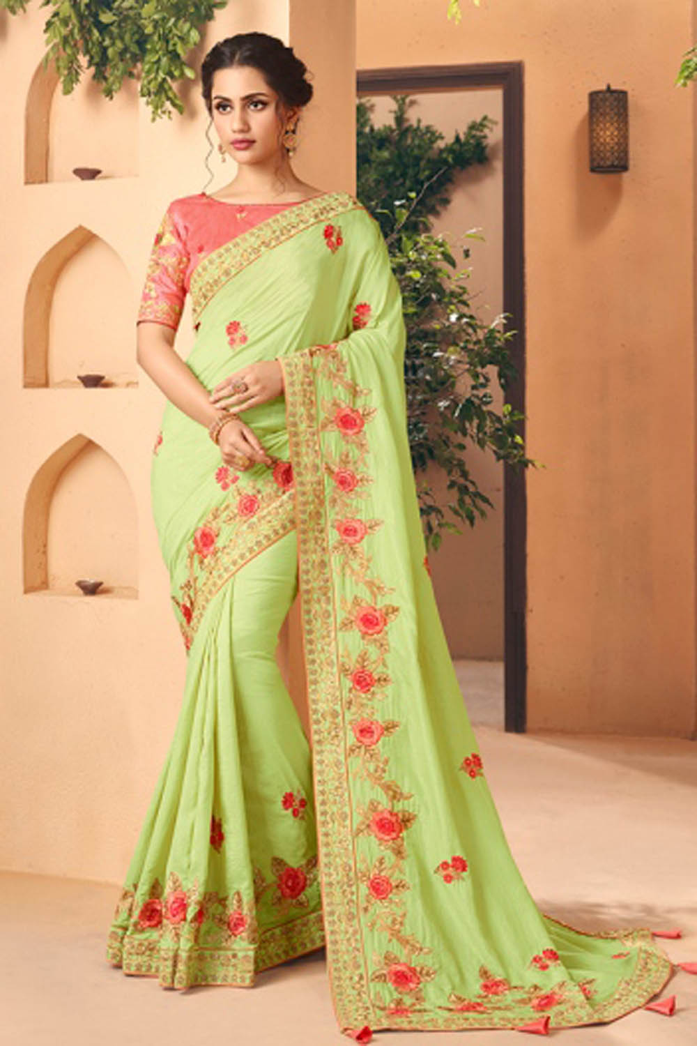 Art Silk Saree In Lime Green