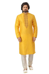 Buy Yellow Art Dupion Silk Embroidered Kurta Pajama Set Online - Karmaplace