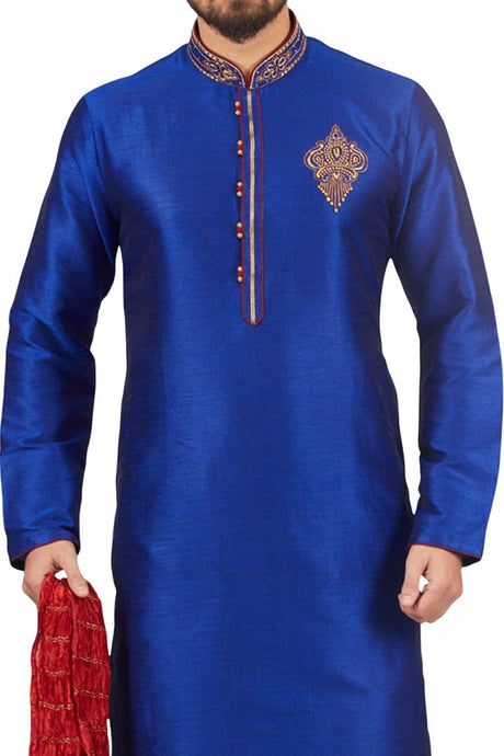Buy Blue Art Dupion Silk Embroidered Kurta Pajama Set Online - Karmaplace