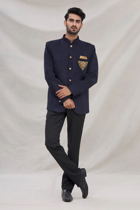 Navy Blue Suede Velvet Jodhpuri Pant