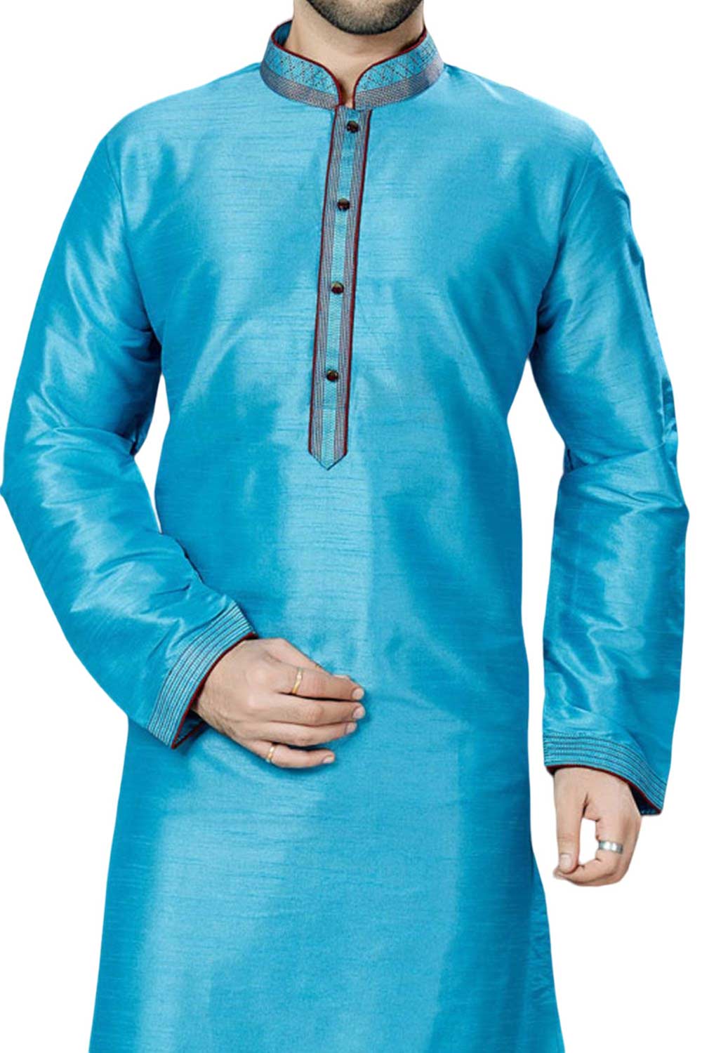 Buy Turquoise Art Dupion Silk Embroidered Kurta Pajama Set Online - Karmaplace