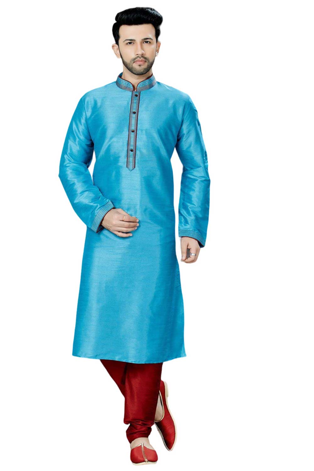 Buy Turquoise Art Dupion Silk Embroidered Kurta Pajama Set Online - Karmaplace