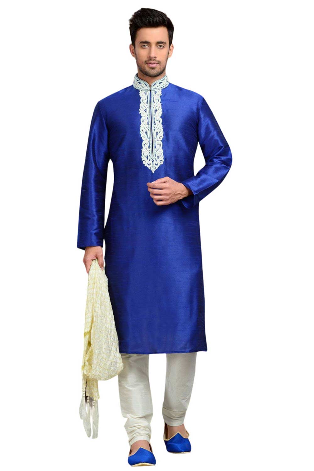 Buy Blue Art Dupion Silk Embroidered Kurta Pajama Set Online - Karmaplace