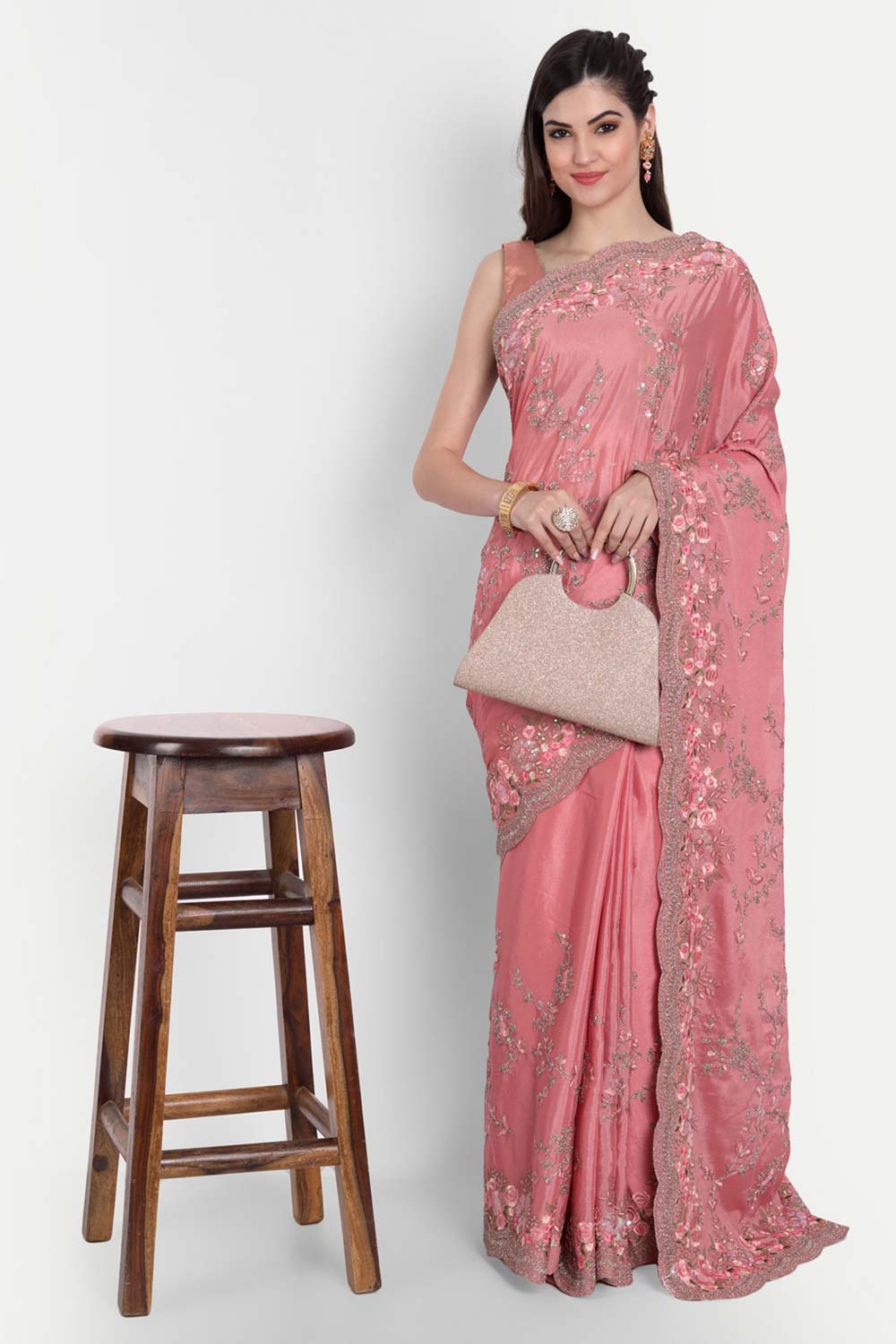 Pink Chiffon Sequence With Multi Thread Embroidered Saree