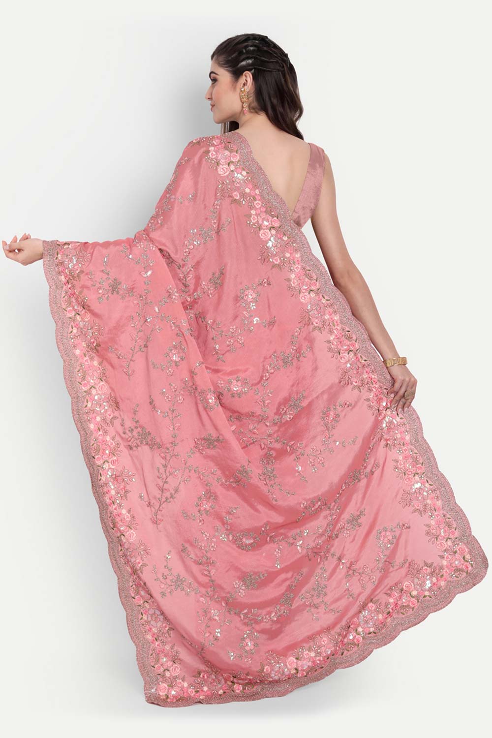 Pink Chiffon Sequence With Multi Thread Embroidered Saree