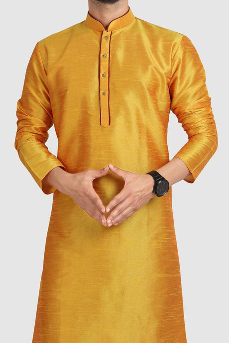 Buy Yellow Art Dupion Silk Embroidered Kurta Pajama Set Online - Karmaplace