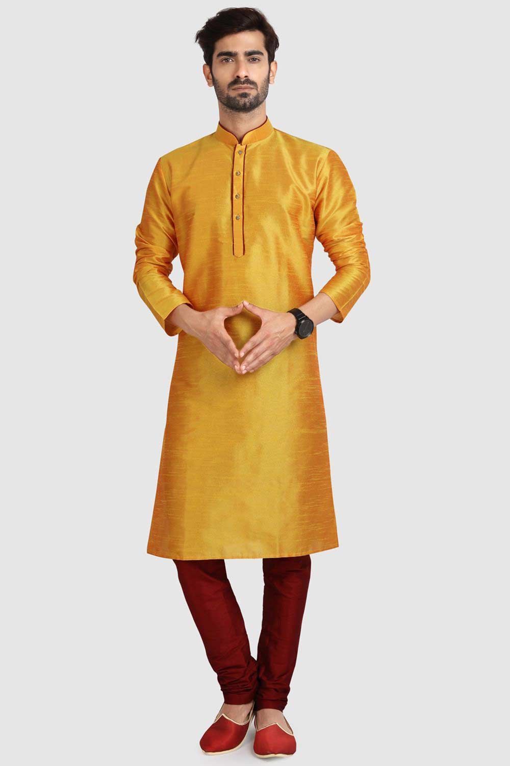 Buy Yellow Art Dupion Silk Embroidered Kurta Pajama Set Online - Karmaplace