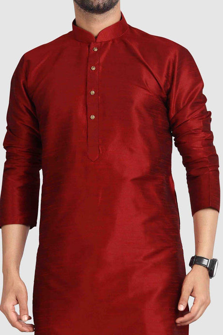 Buy Red Art Dupion Silk Embroidered Kurta Pajama Set Online - Karmaplace