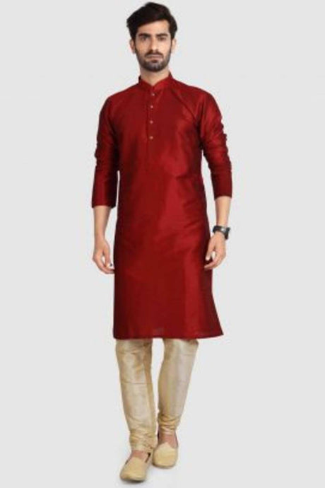 Buy Red Art Dupion Silk Embroidered Kurta Pajama Set Online - Karmaplace