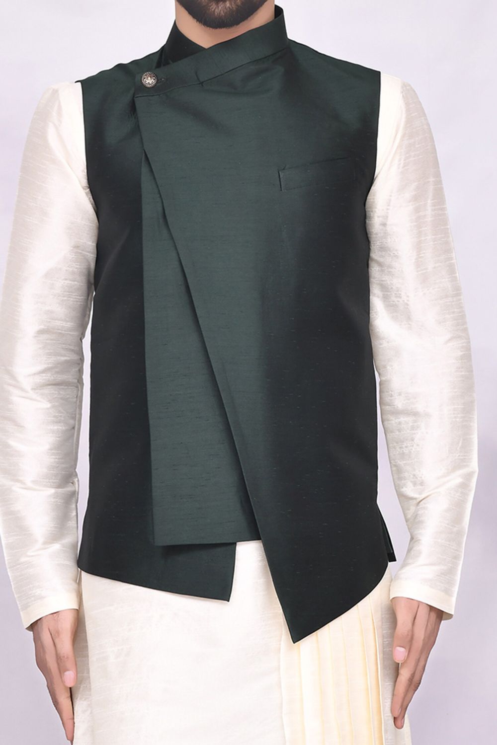 Cream Art Silk Jacket Kurta Churidar