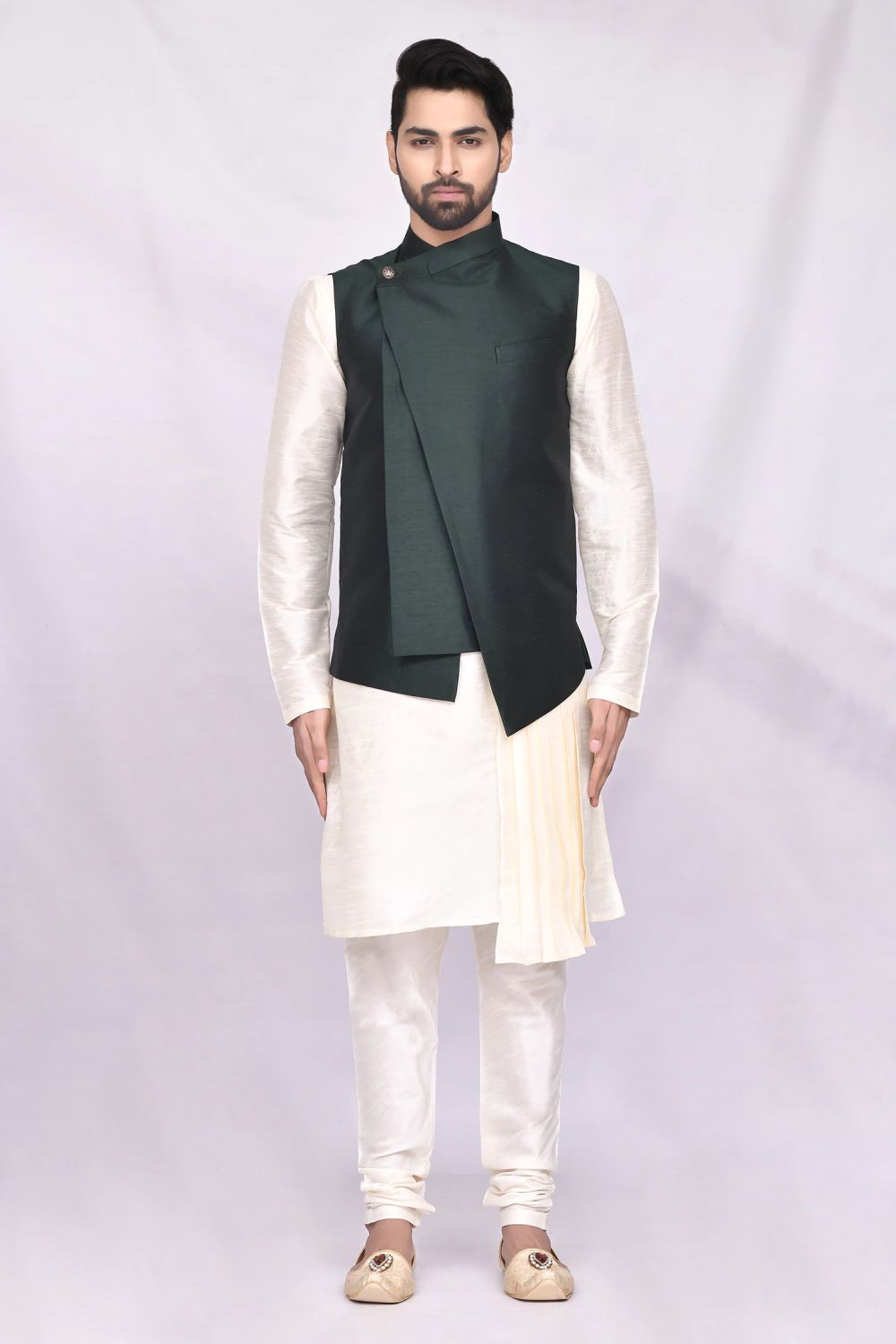 Cream Art Silk Jacket Kurta Churidar