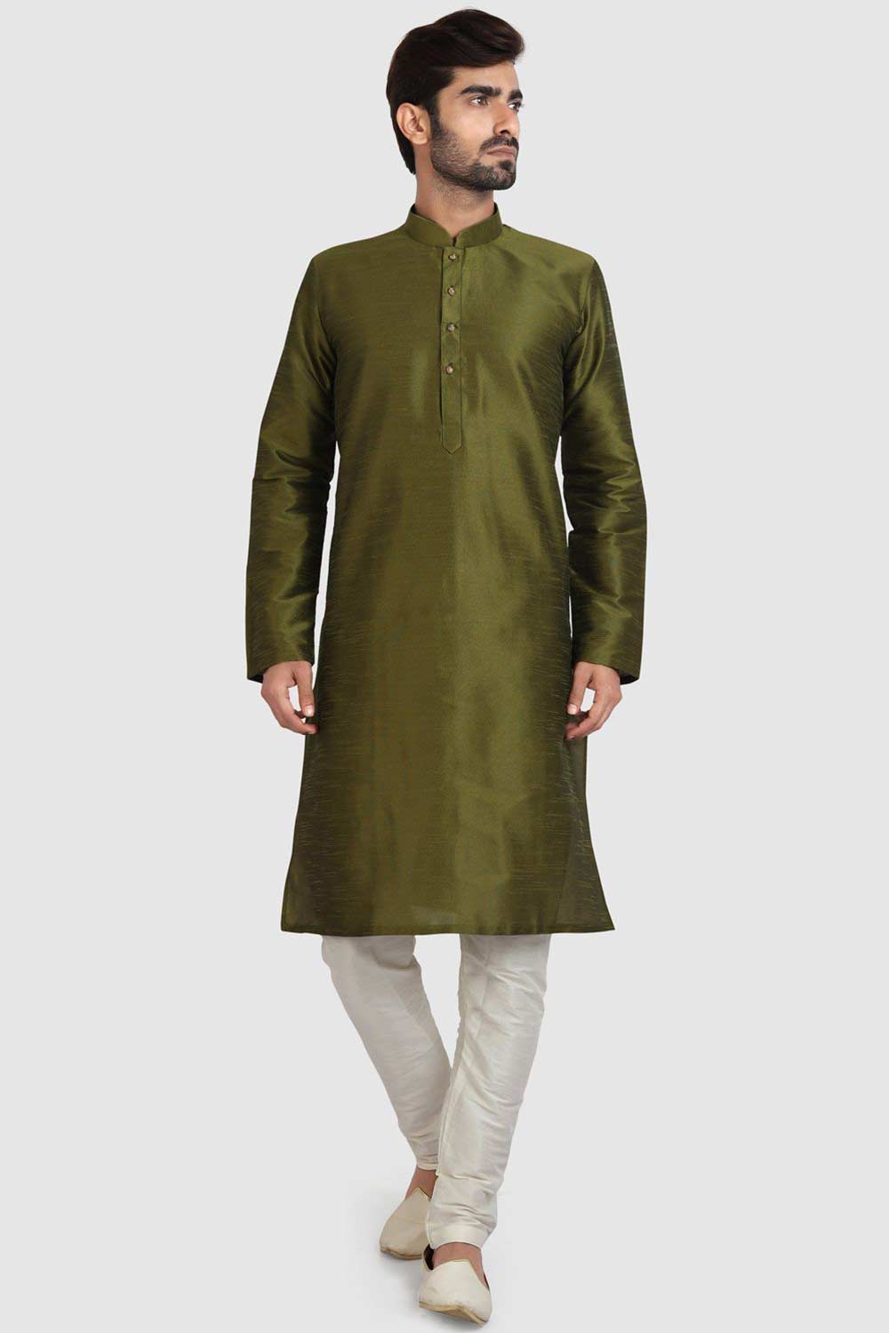 Buy Green Art Dupion Silk Embroidered Kurta Pajama Set Online - Karmaplace