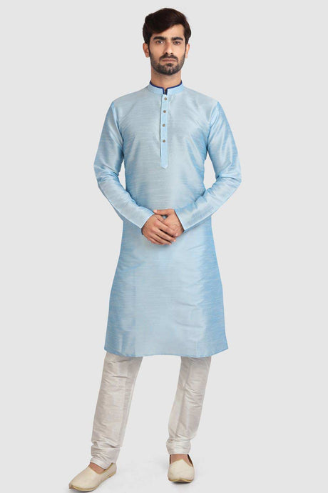 Buy Turquoise Art Dupion Silk Embroidered Kurta Pajama Set Online - Karmaplace