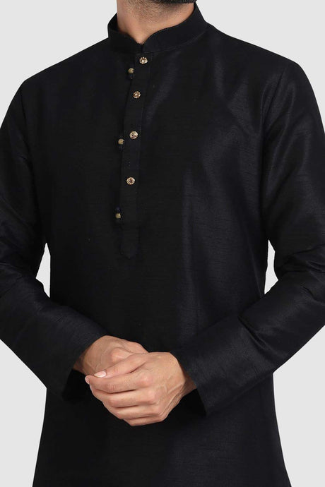 Buy Black Art Dupion Silk Embroidered Kurta Pajama Set Online - Karmaplace