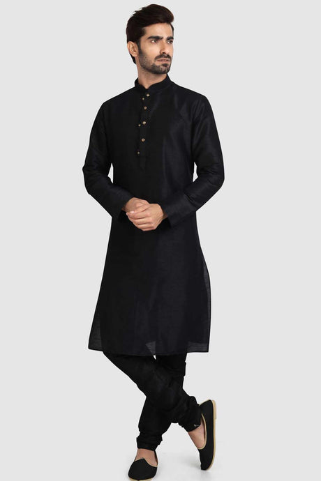 Buy Black Art Dupion Silk Embroidered Kurta Pajama Set Online - Karmaplace