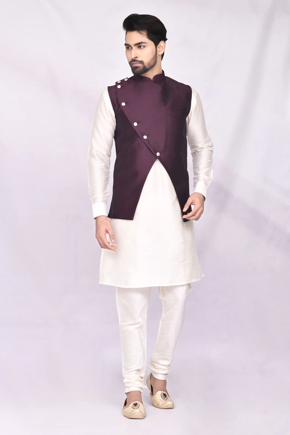 Cream Art Silk Jacket Kurta Churidar