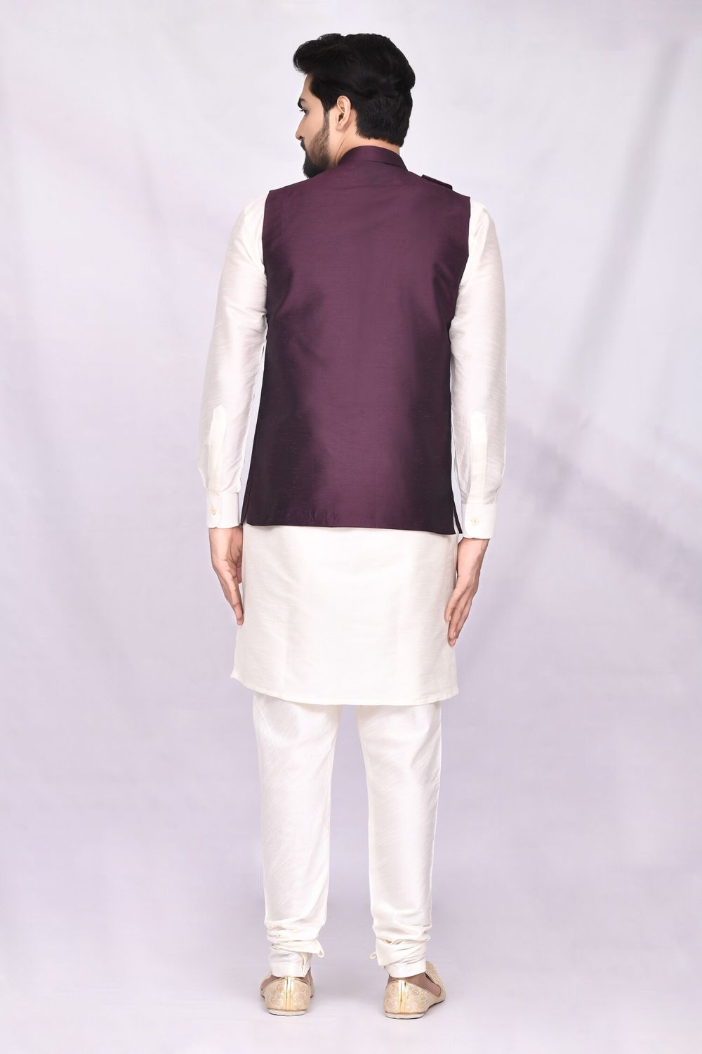 Cream Art Silk Jacket Kurta Churidar