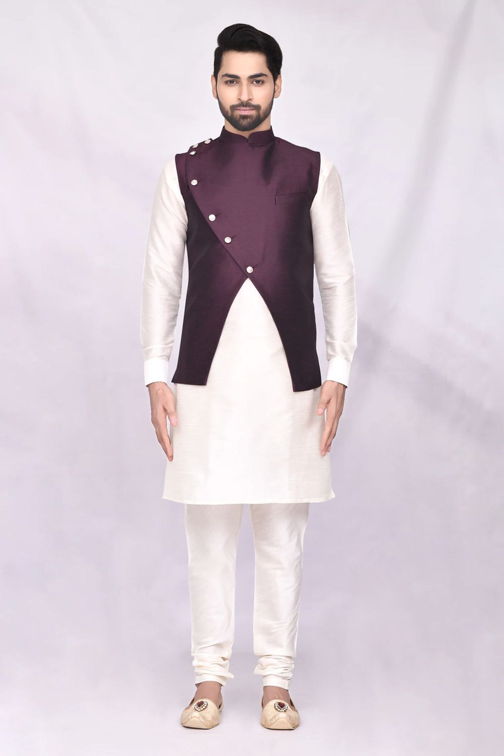 Cream Art Silk Jacket Kurta Churidar