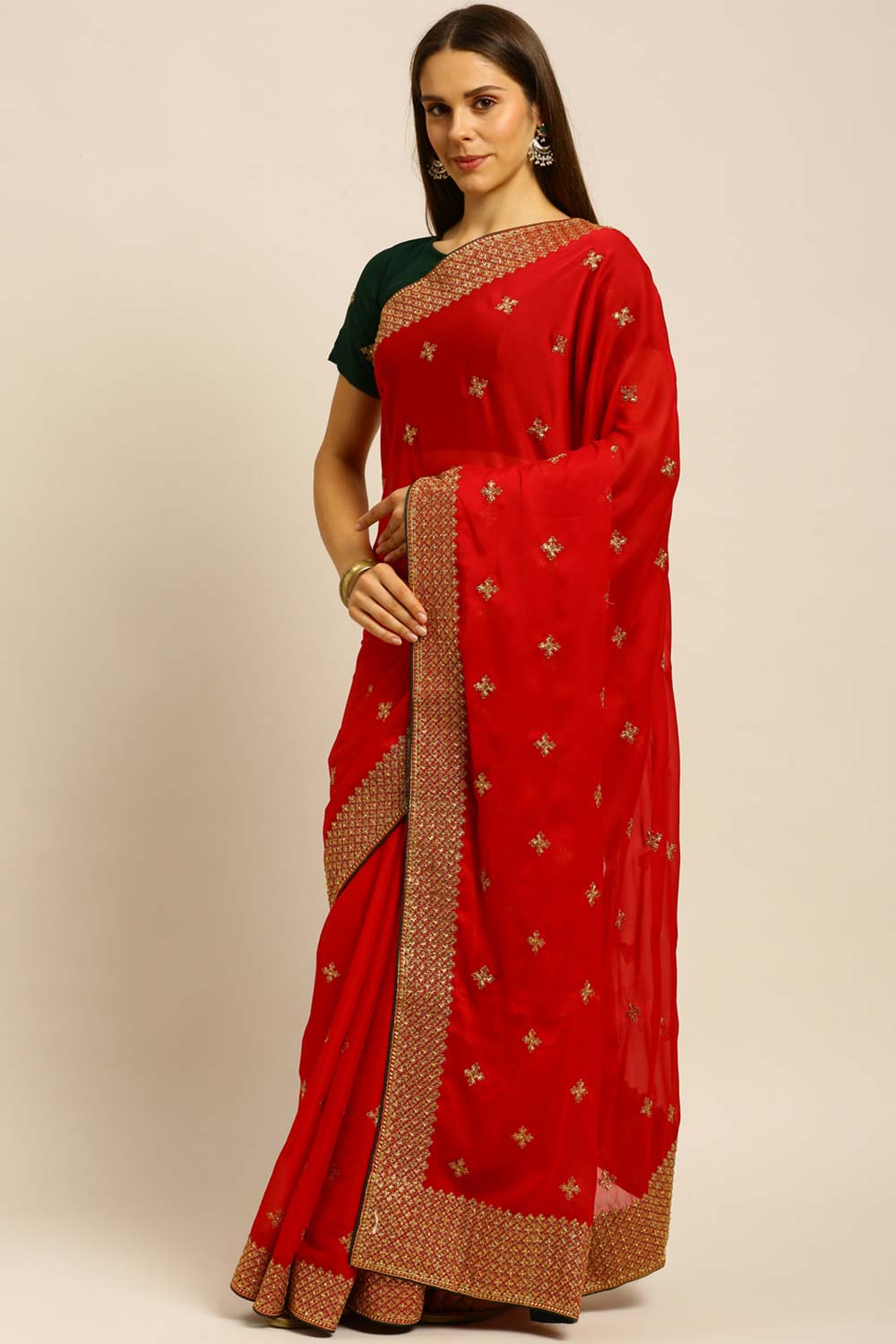 Red Georgette Embroidered Saree